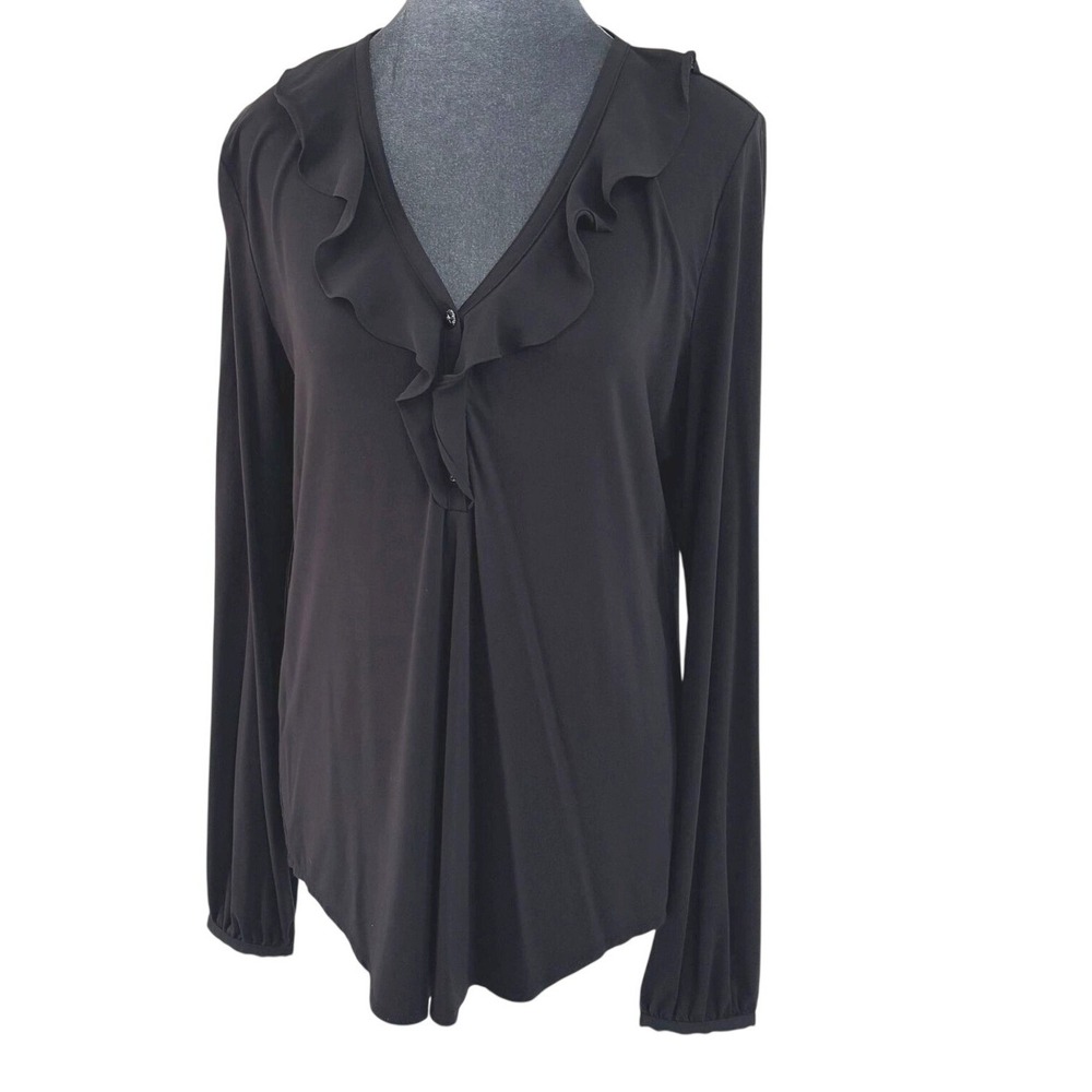 White House Black Market Romantic Goth Black Ruffle Jewel Button‎ L/S Top Med